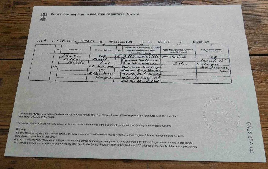 Example of Scottish Birth Certificate for UK Ancestry Application