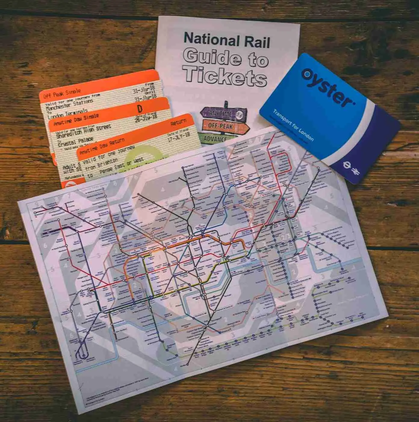 In the top left you have the orange credit card style National Rail ticket and in the top right you have the blue Oyster Card.