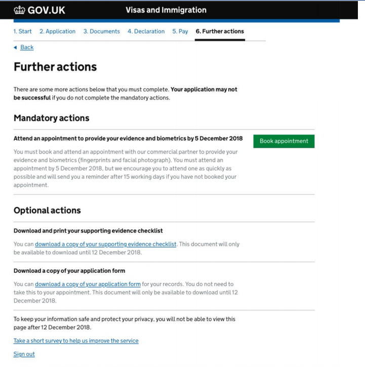 Further actions page on UKVI which allows you to book an appointment with UKVCAS. 