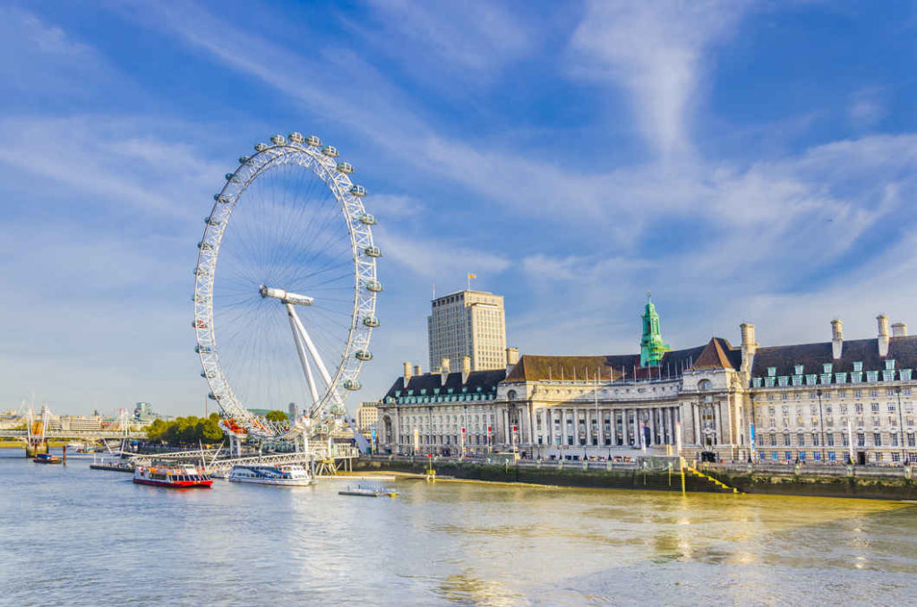 View of the London Eye from the river Thames. 