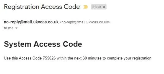 Email from UKVCAS that provides access code
