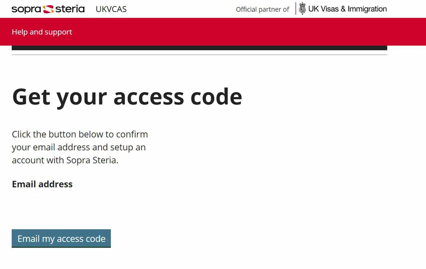 UKVCAS screenshot of access code