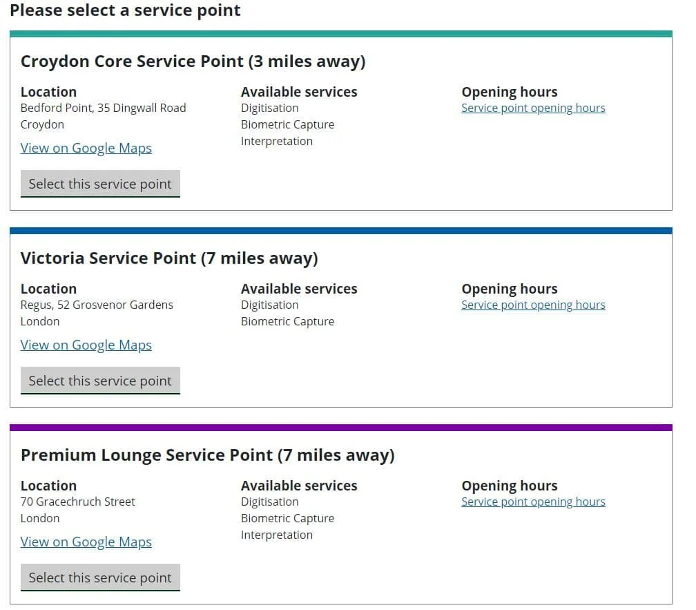 Example of UKVCAS service points