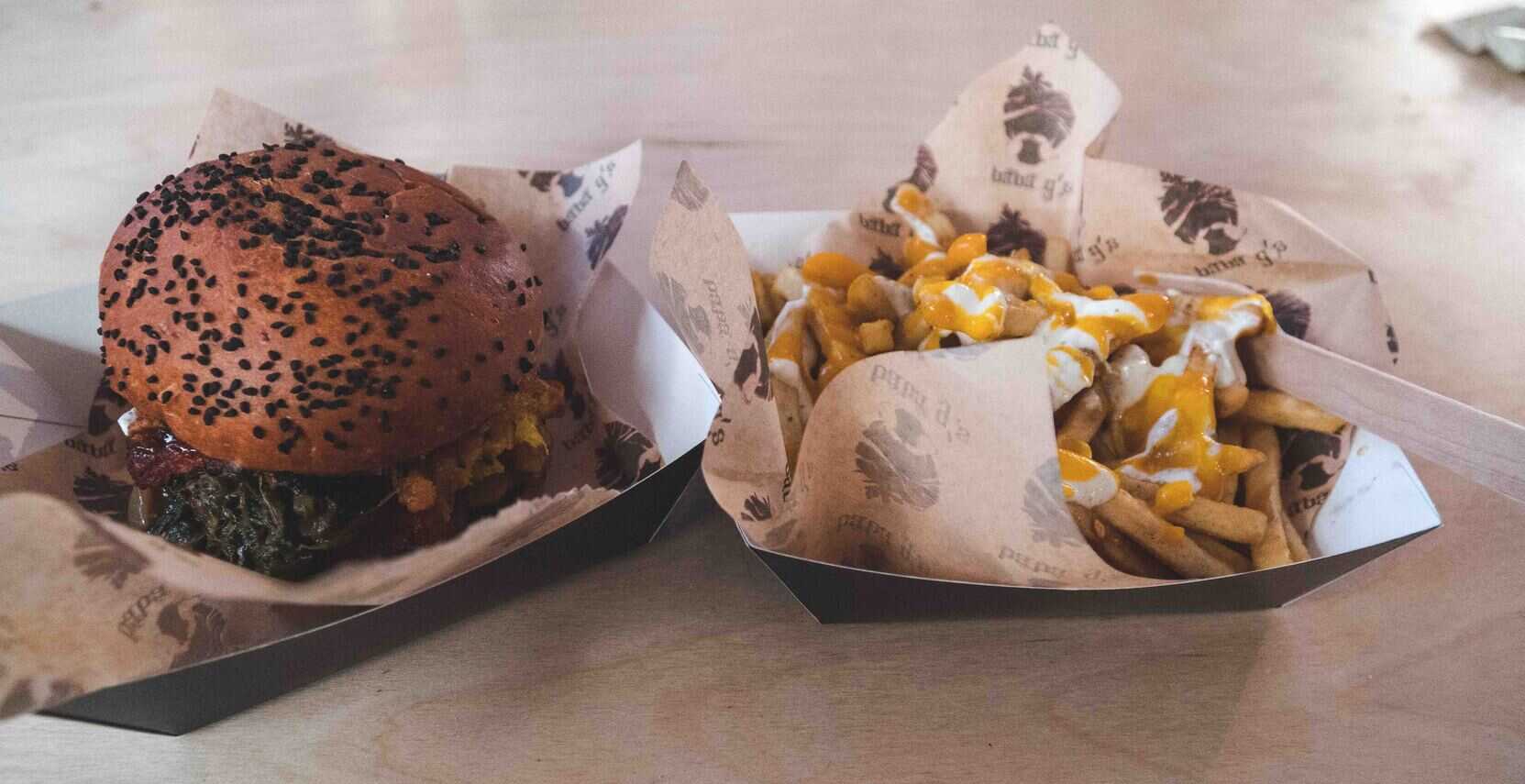 Burger and chips from one of the stalls at Pop Brixton