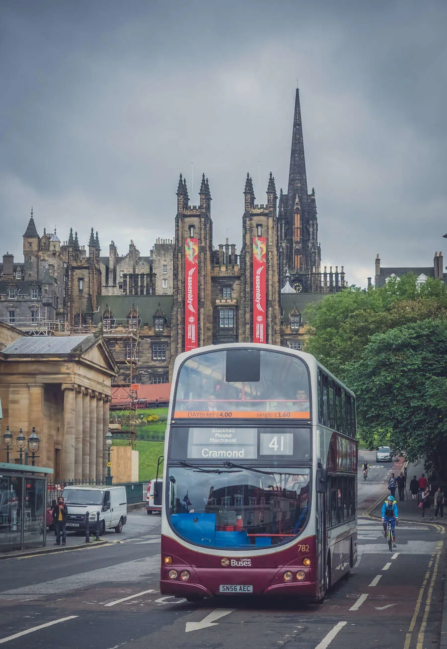 Modern double deck bus operated by Lothian busses in the centre of Edinburgh, Scotland