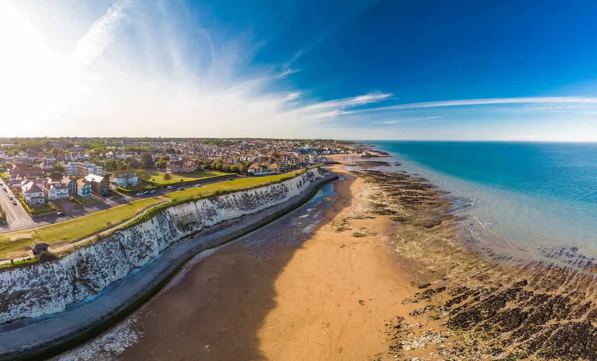 Aerial view of the beach and white cliffs, Margate
