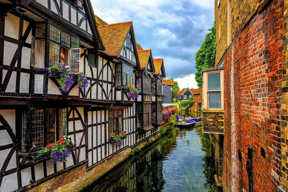 Medieval houses and river Stour in Canterbury Old Town