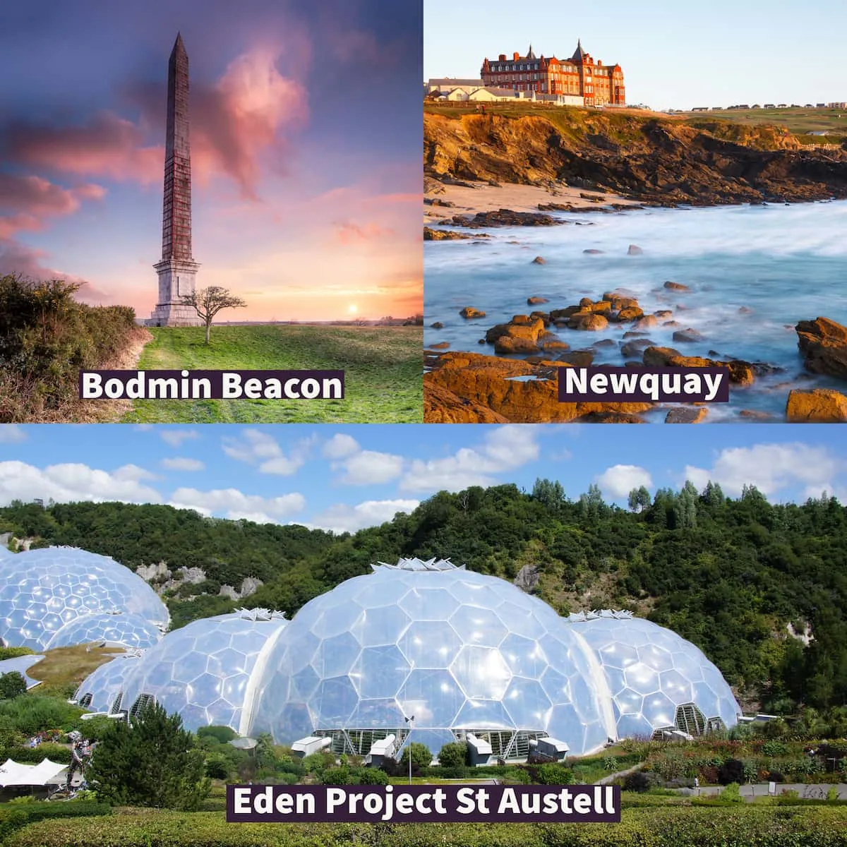 Top left the views at Bodim Beacon, top right view of Newquay from the beach and bottom Eden Project in St Austell.