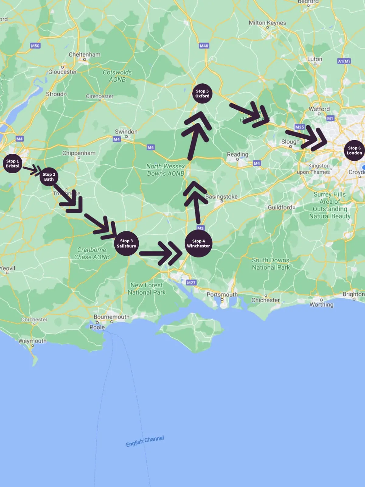 Train maps of the UK Historical Cities route. 