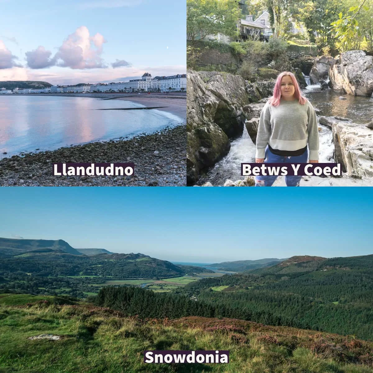 top left, beach view of Llandudno with sea front houses, top right Kat standing at a waterfall in Betws Y Coed and bottom view from a walk in Snowdonia. 