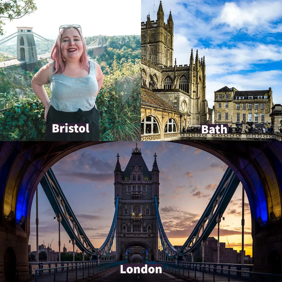 Top left, Kat at Clifton Bridge in Bristol, top right is the beautiful Bath building and bottom Tower Bridge. 