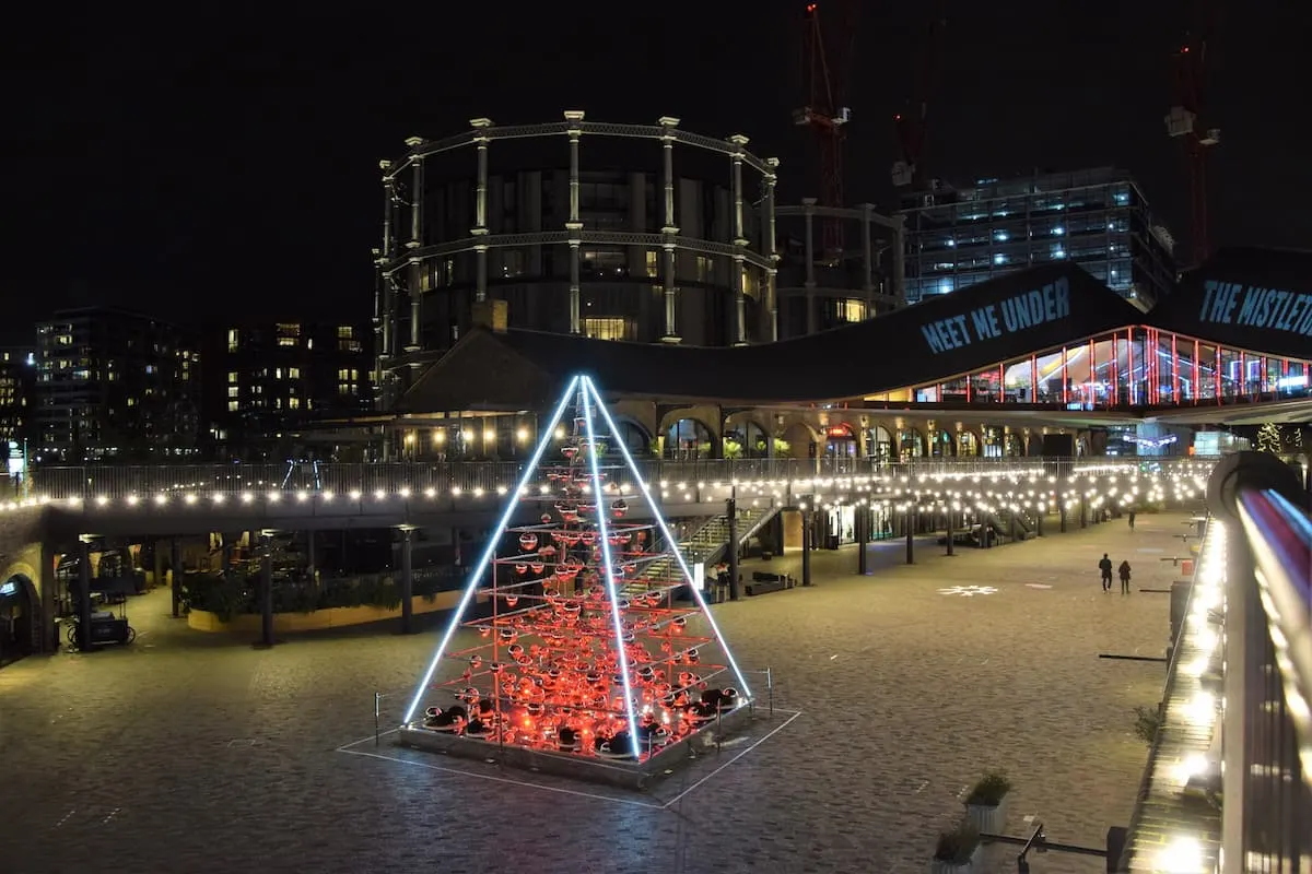 Coal Drops Yard at night with Christmas decorations, King`s Cross, London
