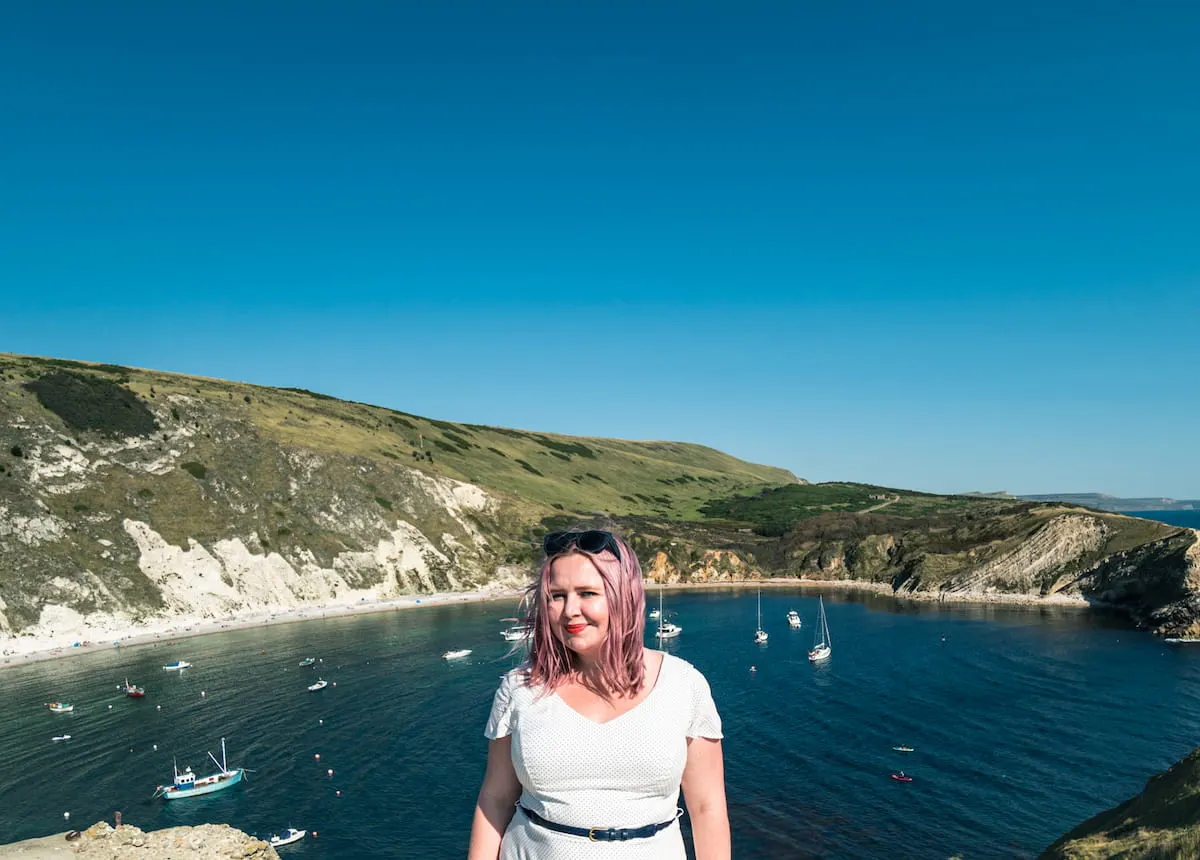 Kat in front of lulworth Cove