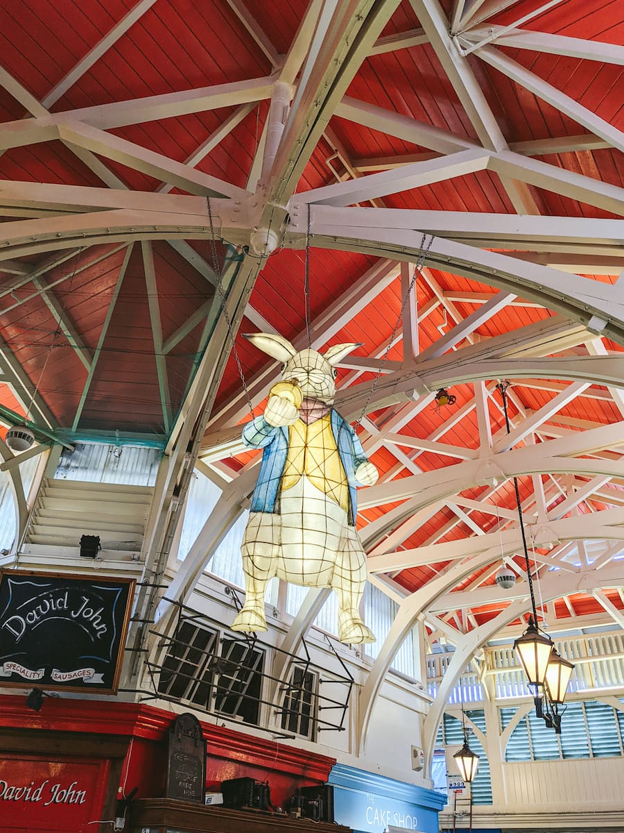 Oxford Covered Market with Alice in Wonderland Lanterns the Rabbit