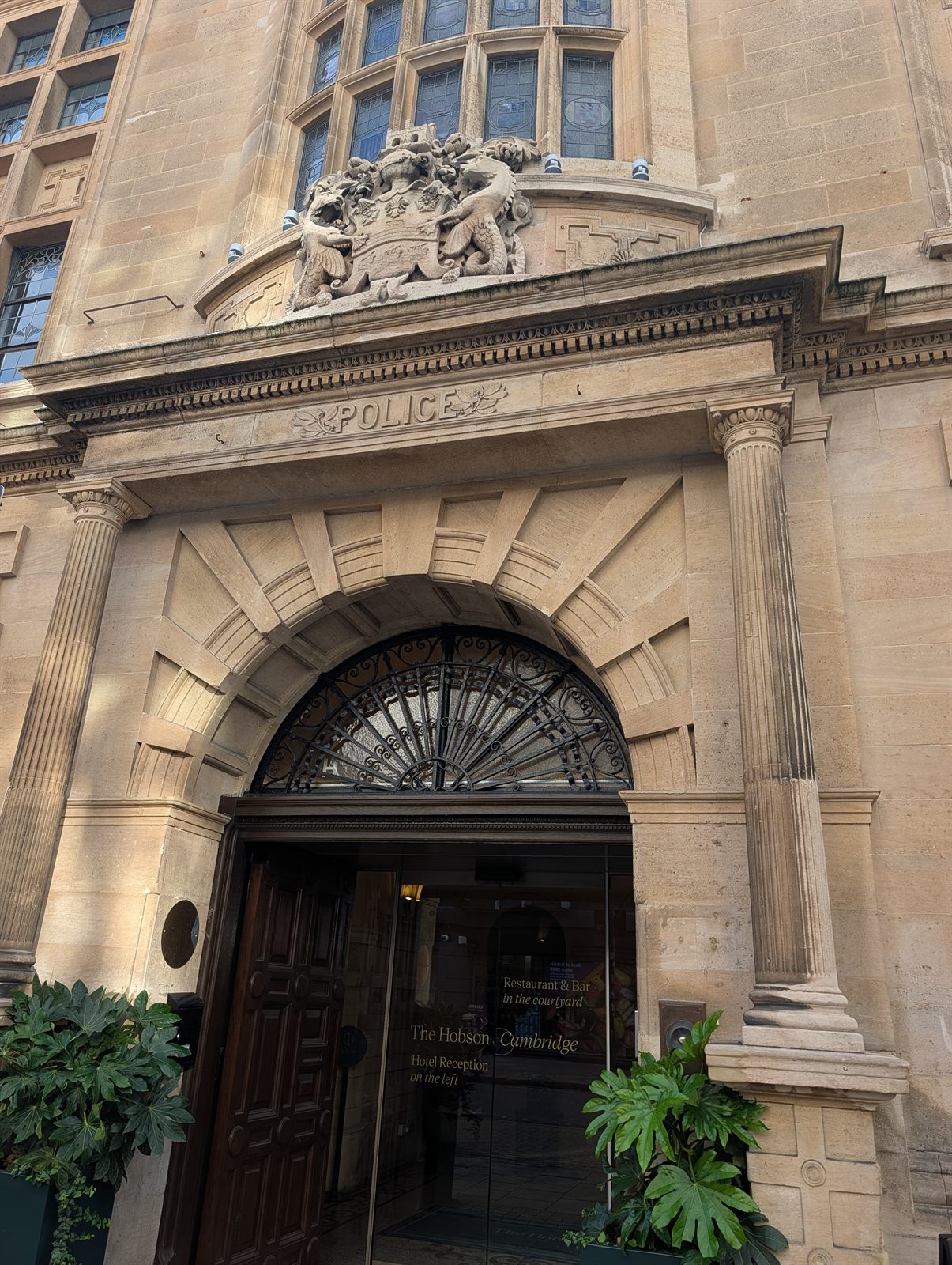 The Hobson's entrance in Cambridge, a former police station with POLICE carved above the door