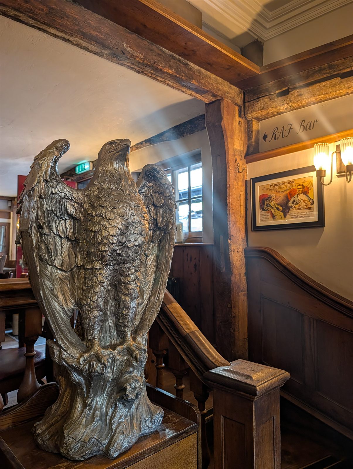 The silver eagle on the RAF Bar staircase at the Eagle pub in Cambridge