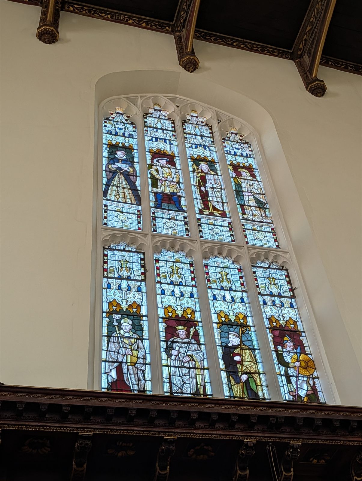 Tudor monarchs in the stained glass inside Trinity College, Cambridge