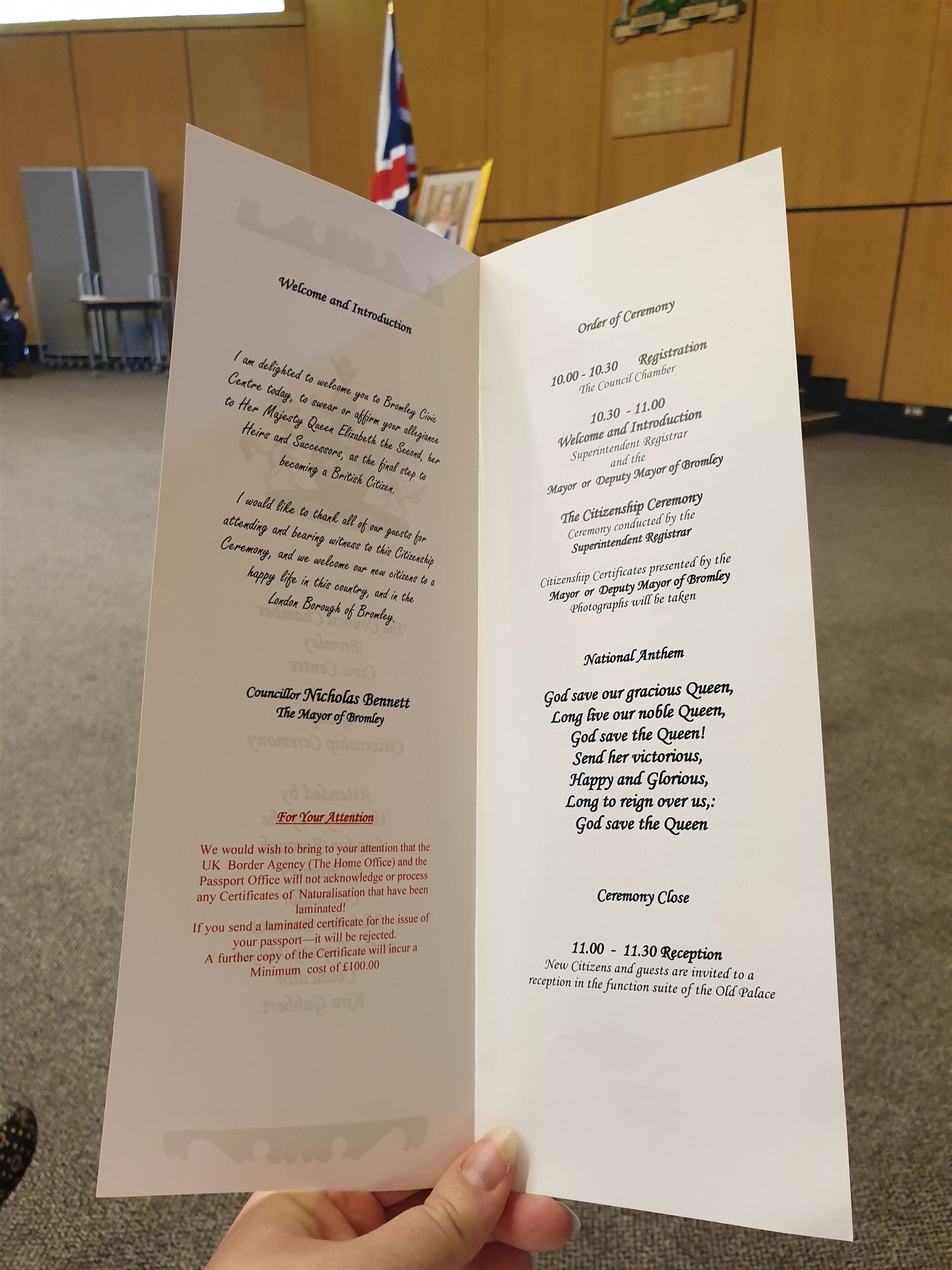 The order of ceremony card from Bromley Civic Centre, 22 October 2019: registration at ten, the ceremony at half past, the national anthem and a reception in the Old Palace.