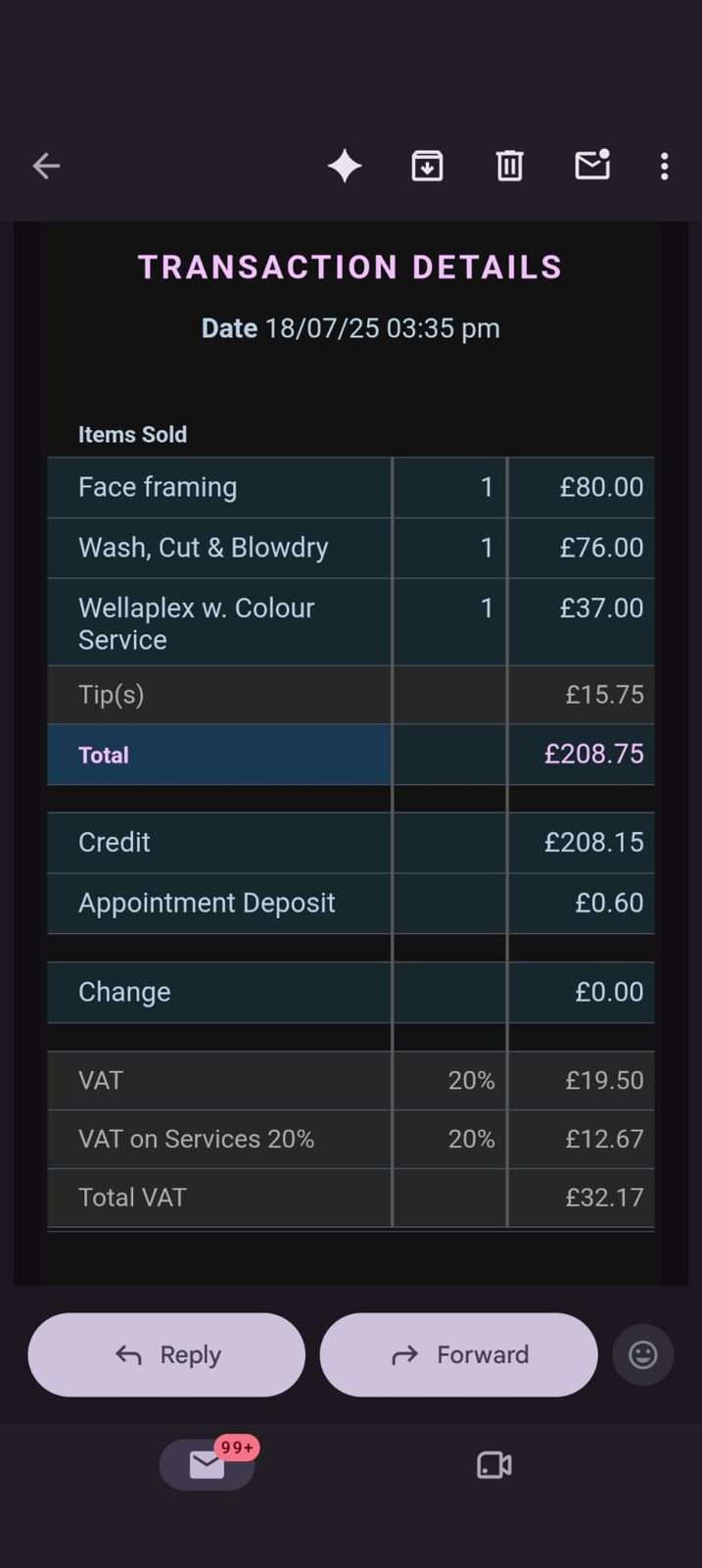 Hair salon receipt showing £193 of services and a £15.75 tip, totalling £208.75