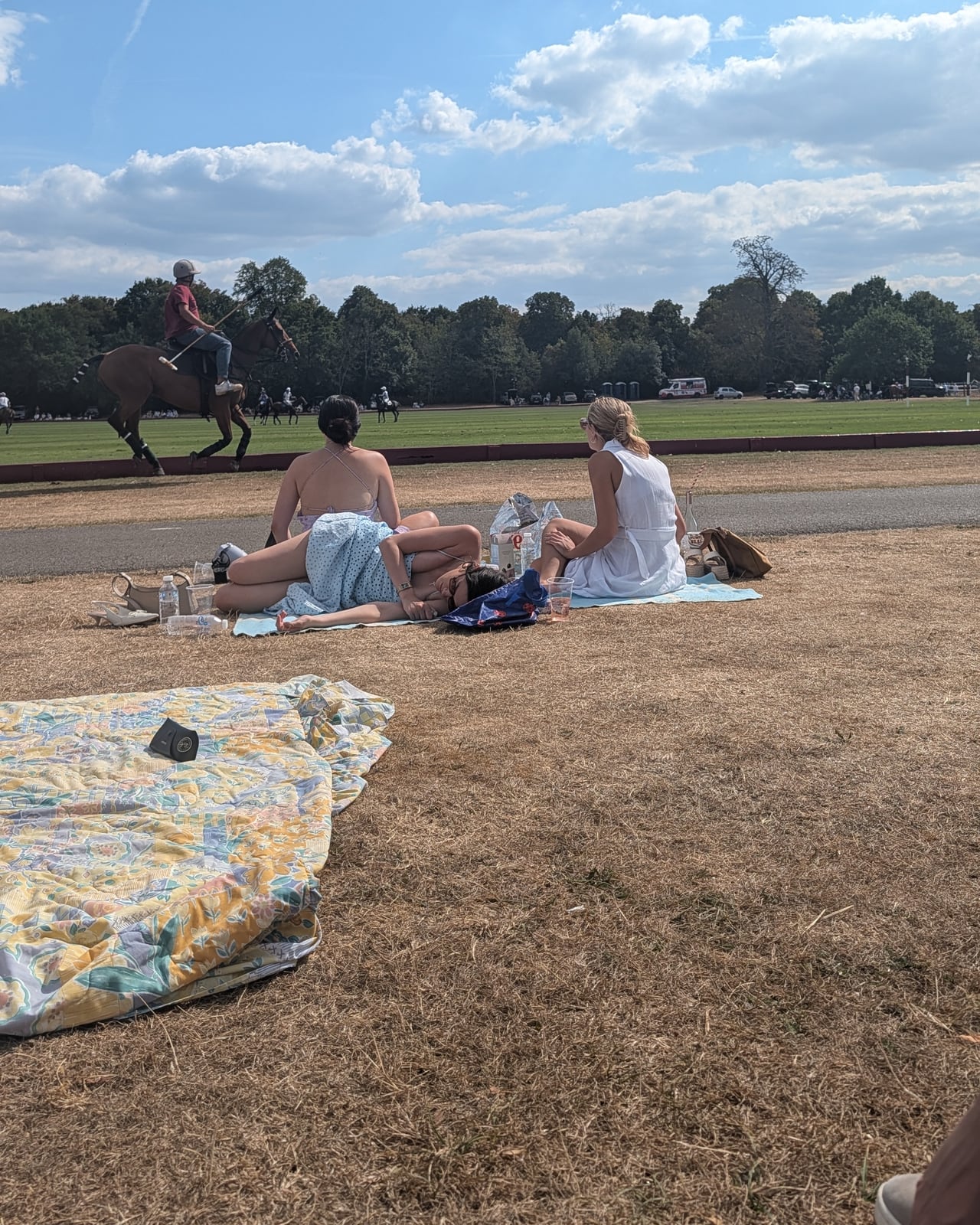 Picnic blankets on the lawn at Ham Polo Club with a rider passing on the pitch behind