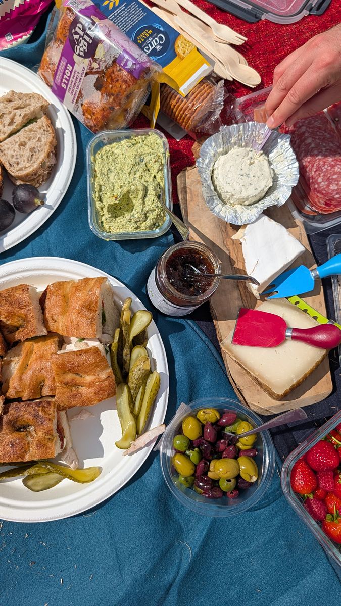 Kat's picnic on the blanket: sandwiches on sourdough, the dip, chutney, cheese, olives and strawberries