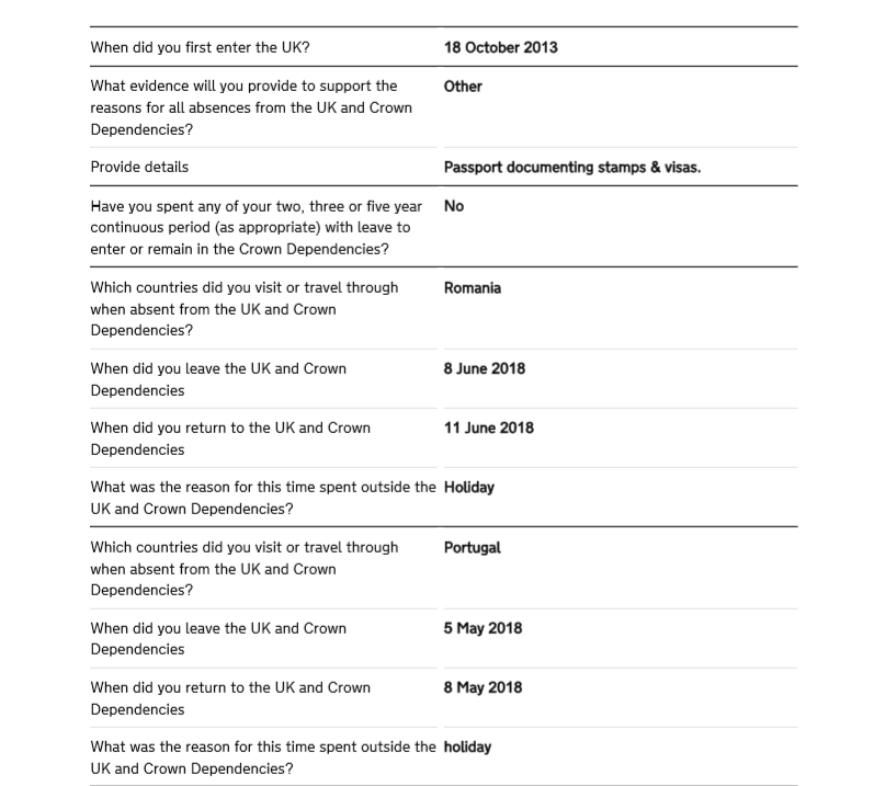 The reasons-for-absences list Kat submitted with her 2018 ILR application: destination, dates and purpose for each trip, totals by rolling year.