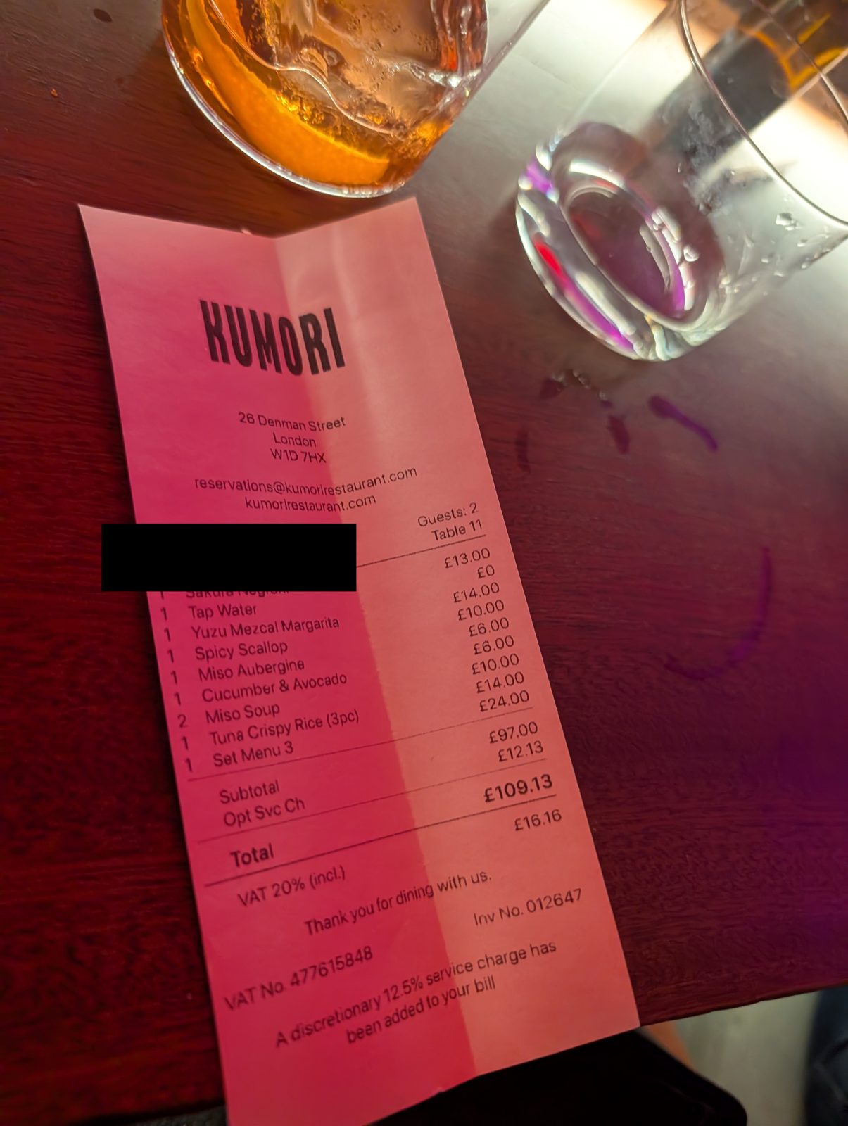 Restaurant bill of £97 with an optional 12.5 per cent service charge added, totalling £109.13
