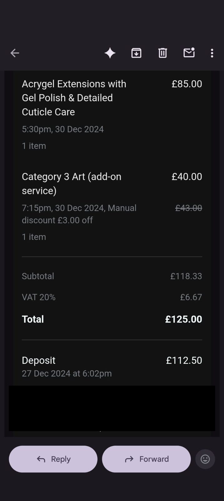 Nail salon receipt showing acrygel extensions at £85 and nail art at £40, totalling £125
