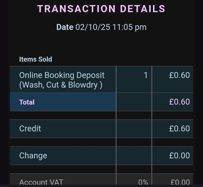 Receipt for a 60p online booking deposit for a wash, cut and blowdry