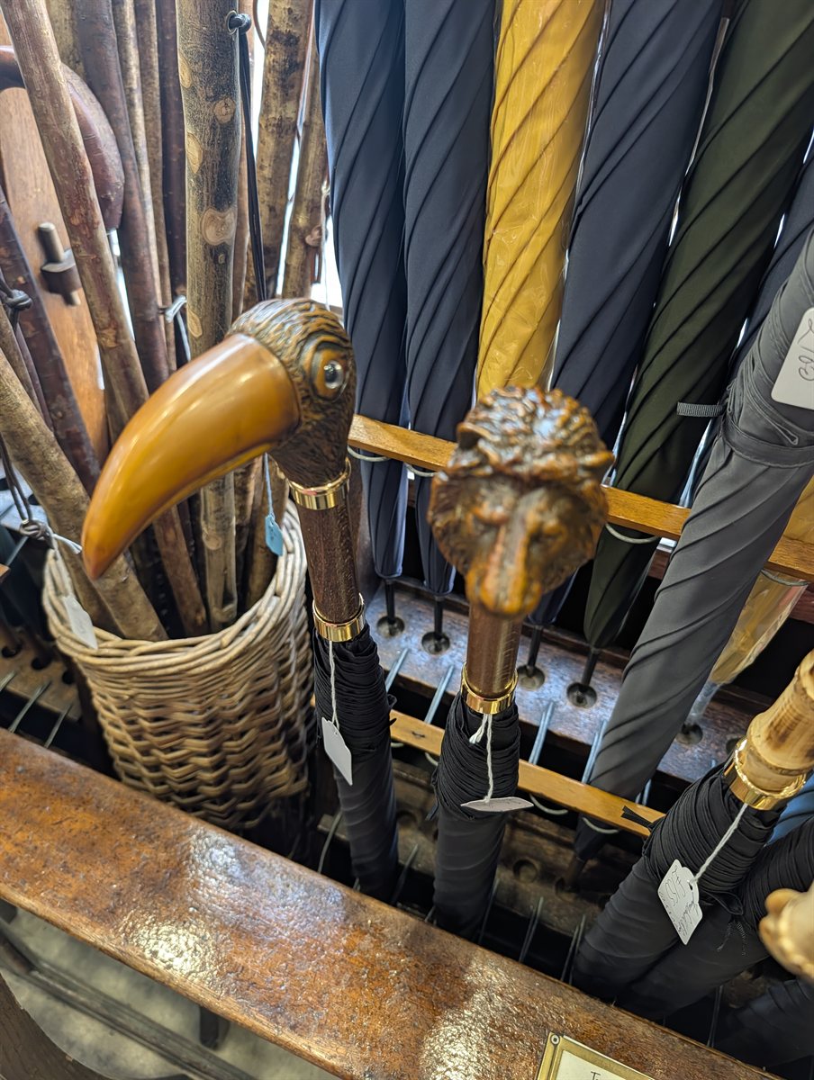 Walking sticks with toucan and eagle head handles beside folded umbrellas