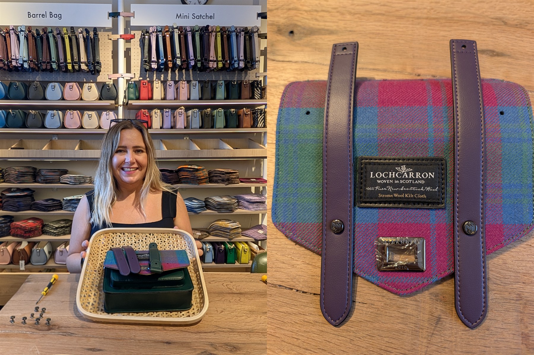 Kat at the workshop table with her chosen pieces in a tray, and her pink, blue and green tartan lid with purple straps laid flat beside it