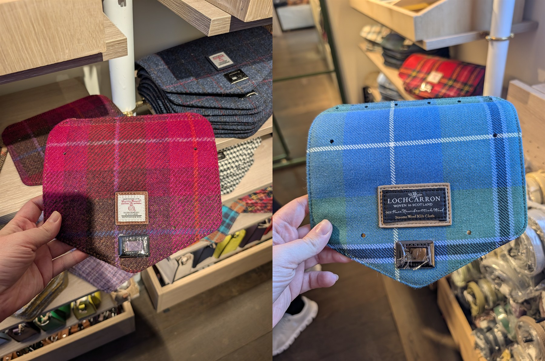 Two Islander lids held up in the shop, a pink and purple Harris Tweed one on the left and a blue and green Lochcarron tartan one on the right